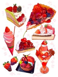 Rule 34 | cherry, chocolate strawberry, crepe, food, food focus, fruit, highres, ice cream, macaron, miri illust, no humans, original, strawberry, tart (food), tart slice, whipped cream