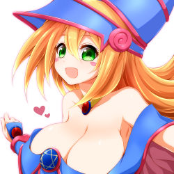 Rule 34 | 1girl, :d, bare shoulders, blonde hair, blush stickers, breasts, choker, cleavage, collarbone, dark magician girl, duel monster, green eyes, hat, heart, hexagram, highres, large breasts, long hair, looking at viewer, off shoulder, open mouth, smile, solo, upper body, watarui, white background, wizard hat, yu-gi-oh!, yuu-gi-ou, yu-gi-oh! duel monsters