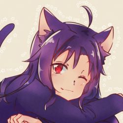 Rule 34 | 1girl, ;), ahoge, animal ears, bad id, bad pixiv id, cat ears, cat tail, fang, fang out, grey background, highres, long hair, long sleeves, looking at viewer, neosight, one eye closed, purple hair, purple shirt, red eyes, shirt, smile, solo, sword art online, tail, upper body, yuuki (sao)