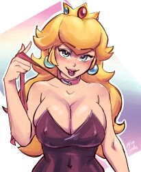 Rule 34 | 1girl, absurdres, akirascrolls, artist name, blonde hair, blue eyes, breasts, cleavage, collarbone, covered navel, female focus, highres, large breasts, lipstick, long hair, looking at viewer, makeup, mario (series), naughty face, nintendo, nipples, open mouth, pink lips, princess, princess peach, smile, super mario bros. 1, text focus, tongue