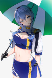 Rule 34 | 1girl, bandeau, black gloves, blue bandeau, blue eyes, blue hair, blush, breasts, cleavage, cleavage cutout, clothing cutout, commentary request, crop top, cropped jacket, gloves, gotland (kancolle), hair between eyes, half gloves, highres, holding, holding umbrella, kantai collection, kasoku souchi, large breasts, long hair, looking at viewer, midriff, mole, mole under eye, navel, race queen, simple background, skirt, smile, solo, umbrella, white background