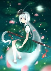 Rule 34 | 1girl, arms at sides, blue eyes, blurry, blush, bob cut, bow, breasts, collared shirt, depth of field, dy (372127010), expressionless, flower, glowing, green skirt, green vest, hair between eyes, hairband, konpaku youmu, konpaku youmu (ghost), light, light particles, lily pad, looking to the side, lotus, moon, night, open hand, petals, puffy short sleeves, puffy sleeves, reflection, sheath, sheathed, shirt, short hair, short sleeves, sitting, skirt, skirt set, small breasts, socks, solo, sword, touhou, vest, water, weapon, white shirt, white socks
