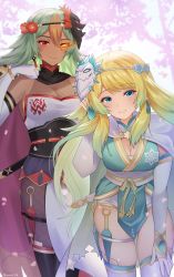 Rule 34 | 2girls, alternate hairstyle, black mask, blonde hair, blue eyes, blush, bodysuit, breasts, cape, doiparuni, earrings, elbow gloves, fire emblem, fire emblem heroes, fishnet bodysuit, fishnets, fjorm (fire emblem), flaming eye, flower, gloves, green eyes, hair flower, hair ornament, highres, jewelry, kodachi, kunai, laegjarn (fire emblem), leaning forward, long hair, looking at viewer, mask, mask on head, medium breasts, multiple girls, ninja, nintendo, official alternate costume, official alternate hairstyle, parted lips, pelvic curtain, red cape, red eyes, short sword, smile, sword, teeth, thigh strap, thighhighs, thighs, very long hair, wallpaper, weapon, white cape, white gloves, white mask