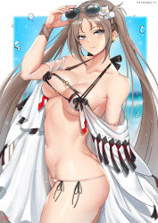 Rule 34 | 1girl, ass, bare shoulders, bikini, blue sky, blurry, blurry background, border, breasts, brown eyes, brown hair, cleavage, closed mouth, collarbone, cyicheng, earrings, eyewear on head, fate/grand order, fate (series), hair ornament, jewelry, long hair, medium breasts, multiple earrings, navel, open clothes, robe, sky, smile, sunglasses, swimsuit, twintails, very long hair, water drop, white bikini, white border, yu mei-ren (fate), yu mei-ren (swimsuit lancer) (fate)