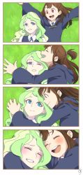 Rule 34 | 10s, 2girls, 4koma, :d, ;d, ^ ^, anime coloring, blue eyes, blush, brown hair, cloak, closed eyes, comic, diana cavendish, grass, green hair, happy, highres, hood, hooded cloak, hug, kagari atsuko, little witch academia, long hair, long sleeves, looking at another, lying, mochiro lwa, mochirou (giri choco inverse), multiple girls, on back, on grass, one eye closed, open mouth, outstretched arms, red eyes, school uniform, silent comic, smile, spread arms, textless version, yuri