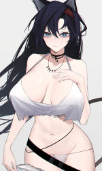Rule 34 | 1girl, absurdres, arknights, bandeau, black bandeau, black choker, black hair, blaze (arknights), blue eyes, blush, bra, breasts, choker, cowboy shot, grey background, groin, hairband, hand on own chest, highres, jewelry, kyo sake miyako, large breasts, looking at viewer, necklace, panties, red hairband, simple background, solo, underwear, white bra, white panties