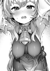 Rule 34 | 1girl, armpits, arms up, bell, blush, breasts, chinese knot, covered erect nipples, detached sleeves, flower knot, ganyu (genshin impact), genshin impact, greyscale, halterneck, hanging breasts, large breasts, long hair, looking at viewer, monochrome, neck bell, open mouth, paid reward available, pantyhose, see-through, sideboob, sidelocks, skindentation, solo, tatsuya (s6pillars), thighs, trembling, vision (genshin impact), waist cape