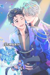 Rule 34 | 2boys, ;d, black hair, blue eyes, blue flower, blue rose, bouquet, brown eyes, collared shirt, confetti, couple, epaulettes, eye contact, flower, gearous, hair slicked back, highres, hug, hug from behind, katsuki yuuri, looking at another, male focus, multiple boys, one eye closed, open mouth, rose, shirt, smile, viktor nikiforov, white hair, yaoi, yuri!!! on ice