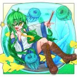 Rule 34 | 1girl, bare legs, blue skirt, boots, brown footwear, commentary request, cross-laced footwear, detached sleeves, eyelashes, fishbowl, green hair, japanese clothes, jellyfish, knee boots, knees together feet apart, kochiya sanae, lace-up boots, long hair, looking at viewer, miko, nama gomi (artist), nontraditional miko, one eye closed, open mouth, shirt, sitting, skirt, smile, solo, spoken star, star (symbol), touhou, white shirt, wide sleeves, yellow eyes, yellow neckwear