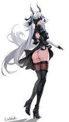 1girl 2b_(nier:automata) 2b_(nier:automata)_(cosplay) absurdres ass back_cutout black_blindfold black_bow black_dress black_footwear black_gloves black_thighhighs blindfold blush boots bow clothing_cutout commentary cosplay dress eastern_dragon_horns erikvarts facing_viewer from_behind full_body gloves hair_bow high_heel_boots high_heels highres horns jinhsi_(wuthering_waves) long_hair multiple_hair_bows nier:automata nier_(series) open_mouth signature simple_background solo tacet_mark_(wuthering_waves) thighhighs thighhighs_under_boots two_side_up very_long_hair white_background white_hair white_horns wuthering_waves