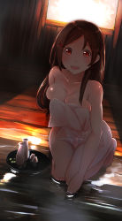 Rule 34 | 10s, 1girl, :d, alcohol, barefoot, blush, breast press, breasts, brown hair, bust cup, choko (cup), collarbone, comah, covering privates, cup, door, dutch angle, from above, full body, hair down, hair ornament, hairclip, indoors, kantai collection, kneeling, large breasts, lens flare, long hair, mamiya (kancolle), naked towel, nude, nude cover, on floor, onsen, open mouth, red eyes, sakazuki, sake, see-through, shade, smile, soaking hands, solo, tokkuri, towel, tray, wakamezake, water, wet towel