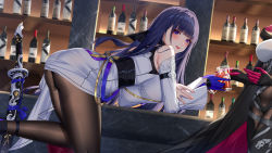 Rule 34 | 2girls, absurdres, ass, black legwear, blunt bangs, blush, breasts, chinese commentary, commentary request, cup, dress, glass bottle, gloves, highres, holding, holding cup, honkai (series), honkai impact 3rd, indoors, katana, large breasts, leaning on table, long hair, multiple girls, pantyhose, purple eyes, purple gloves, purple hair, raiden mei, raiden mei (apho), raven (honkai impact), sheath, sheathed, shoes, short dress, solo focus, sword, weapon, white dress, wu ganlan cai