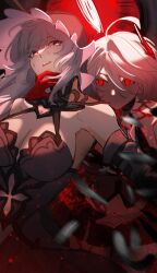 Rule 34 | 2girls, 625light, absurdres, acheron (honkai: star rail), bare shoulders, black swan (honkai: star rail), breasts, cleavage, commentary request, grey hair, hair ornament, highres, honkai: star rail, honkai (series), large breasts, multiple girls, no mouth, official alternate color, parted lips, red eyes, red lips, upper body, veil, white hair