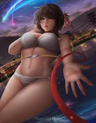 Rule 34 | 1girl, absurdres, artist name, black hair, blush, bra, breasts, brown eyes, cleavage, comet, commentary, hair ribbon, hand on own cheek, hand on own face, highres, kimi no na wa., large breasts, midriff, miyamizu mitsuha, multicolored ribbon, navel, orange ribbon, outstretched arm, panties, red ribbon, ribbon, those girls, underwear, underwear only, white bra, white panties