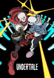 Rule 34 | &gt;:), 2boys, ankle boots, black sclera, black shorts, blue eyes, blue jacket, bone, boots, brothers, cape, cel shading, colored sclera, commentary, copyright name, copyright notice, fist bump, from above, full body, gloves, glowing, glowing eye, grin, highres, hood, hood down, hooded jacket, jacket, kamezaemon, legs apart, looking at viewer, male focus, multiple boys, on one knee, open mouth, outstretched arms, papyrus (undertale), pink footwear, red cape, red footwear, red gloves, sans, shorts, siblings, simple background, skeleton, slippers, smile, socks, standing, undertale, v-shaped eyebrows, white socks, yellow eyes, zipper