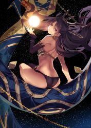 Rule 34 | &gt;:), 1girl, arm support, armlet, ass, asymmetrical legwear, asymmetrical sleeves, back, bare arms, bare back, bare shoulders, black detached sleeves, black hair, black panties, black ribbon, black thighhighs, c:, chain, closed mouth, crown, detached sleeves, earrings, fate/grand order, fate (series), female focus, floating hair, hair ribbon, highres, hoop earrings, ishtar (fate), jewelry, karlwolf, knees up, long hair, looking at viewer, looking back, lots of jewelry, magic, midriff, naughty face, neck ring, orb, outdoors, panties, parted bangs, red eyes, revealing clothes, ribbon, single sleeve, single thighhigh, sitting, sky, smile, solo, space, star (sky), star (symbol), starry background, starry sky, strapless, thighhighs, tohsaka rin, two side up, type-moon, underwear, uneven legwear, uneven sleeves, wavy hair