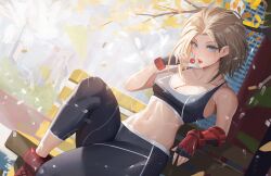 Rule 34 | 1girl, asymmetrical gloves, bench, blonde hair, blue eyes, breasts, cammy white, cleavage, fingerless gloves, gloves, grey leggings, highres, leggings, looking at viewer, medium breasts, midriff, navel, neo (neorarty3), open mouth, outdoors, park bench, red footwear, red gloves, scar, scar on face, shoes, short hair, sneakers, solo, sports bra, street fighter, sweat, sweatdrop, toned, tree, wet