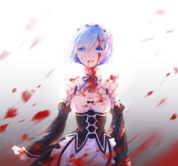 Rule 34 | 10s, 1girl, apron, black bow, black ribbon, blood, blood from mouth, blood on clothes, blood on face, blood splatter, blue eyes, blue hair, bow, breasts, catsir, cleavage, crying, crying with eyes open, detached sleeves, eyebrows, frilled apron, frills, gradient background, grey background, hair ornament, hair over one eye, highres, looking at viewer, maid, maid apron, maid headdress, matching hair/eyes, medium breasts, open mouth, parted bangs, purple ribbon, re:zero kara hajimeru isekai seikatsu, rem (re:zero), ribbon, short hair, solo, tears, text focus, upper body, x hair ornament