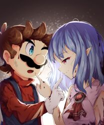 Rule 34 | 1boy, 1girl, absurdres, ascot, blood, blood on clothes, blood on face, blood on hands, blue eyes, blue hair, brown hair, closed mouth, commentary, english commentary, facial hair, gloves, highres, index finger raised, long sleeves, mario, mario (series), mustache, nintendo, no headwear, one eye closed, pointy ears, red ascot, red eyes, remilia scarlet, ruu (ruigi12), short hair, sleeveless, smile, touhou, upper body, white gloves