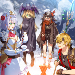 Rule 34 | 1boy, 3girls, animal, animal on head, apron, armor, bird, bird on head, blonde hair, blush, braid, breasts, cape, cleavage, closed eyes, covered mouth, cup, earrings, eyepatch, fire, fischl (genshin impact), flower-shaped pupils, genshin impact, green eyes, hat, highres, holding, holding staff, hu tao (genshin impact), jewelry, large breasts, maid, maid apron, mountain, multiple girls, murakami yuichi, necklace, noelle (genshin impact), on head, open mouth, outdoors, oz (genshin impact), pouring, red eyes, red scarf, scarf, short hair, silver hair, snow, socks, squatting, staff, standing, star-shaped pupils, star (symbol), sweatdrop, symbol-shaped pupils, teacup, teapot, thighs, thoma (genshin impact), tree, two side up, wide sleeves