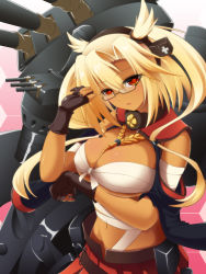 Rule 34 | 10s, 1girl, arm wrap, black nails, blonde hair, breast hold, breasts, cannon, cape, cleavage, dark skin, dark-skinned female, fingerless gloves, glasses, gloves, headgear, hex grid, highres, honeycomb (pattern), honeycomb background, honeycomb pattern, kantai collection, large breasts, loussier666, midriff, musashi (kancolle), nail polish, personification, pleated skirt, pointy hair, red eyes, sarashi, short hair, skirt, solo, turret, twintails, two side up
