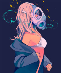 Rule 34 | 1girl, bare shoulders, blue background, blue eyes, blue jacket, bra, breasts, clothes down, from side, gas mask, hair over shoulder, jacket, long hair, mask, nanakawa (nanasoon), off shoulder, original, pink hair, simple background, sleeves past wrists, small breasts, solo, underwear, undressing, white bra