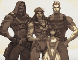 Rule 34 | 2boys, 2girls, aged down, alpha gamboa, ana (overwatch), blackwatch reyes, child, commentary, dark-skinned female, dark skin, hood, lowres, military, military uniform, monochrome, mother and daughter, multiple boys, multiple girls, muscular, overwatch, overwatch 1, pharah (overwatch), reaper (overwatch), soldier: 76 (overwatch), spoilers, uniform
