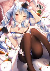 Rule 34 | &gt; &lt;, 1girl, ;o, animal ear fluff, animal ears, arm up, bare shoulders, bed sheet, black gloves, black leotard, blue hair, blush, bow, braid, breasts, brown legwear, carrot hair ornament, cellphone, charger, commentary request, detached sleeves, don-chan (usada pekora), dress, feet out of frame, food-themed hair ornament, frilled pillow, frills, fur-trimmed gloves, fur trim, gloves, hair between eyes, hair bow, hair ornament, half-closed eye, hololive, knees together feet apart, knees up, leotard, lokyin house, long hair, looking at viewer, multicolored hair, one eye closed, parted lips, pekomon (usada pekora), phone, pillow, puffy short sleeves, puffy sleeves, rabbit ears, red eyes, short eyebrows, short sleeves, small breasts, strapless, strapless dress, strapless leotard, striped, thick eyebrows, twin braids, twintails, two-tone hair, usada pekora, usada pekora (1st costume), vertical stripes, very long hair, virtual youtuber, waking up, white bow, white dress, white hair