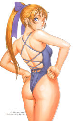 Rule 34 | 1girl, ass, blonde hair, blue one-piece swimsuit, breasts, clenched hands, cowboy shot, hair ribbon, hands on own hips, high ponytail, highleg, junis, long hair, looking at viewer, looking back, non-web source, one-piece swimsuit, one eye closed, ribbon, sengoku ace, sengoku ace episode ii, simple background, small breasts, solo, swimsuit, tagme, tsukasa jun, white background