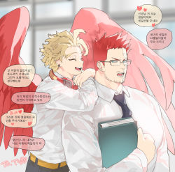 Rule 34 | 2boys, alternate costume, beard, blonde hair, blue eyes, boku no hero academia, deavor lover, facial hair, feathered wings, feathers, glasses, hawks (boku no hero academia), highres, large pectorals, male focus, manly, multiple boys, mustache, necktie, pectorals, red hair, scar, spiked hair, teacher and student, endeavor (boku no hero academia), translation request, upper body, wings