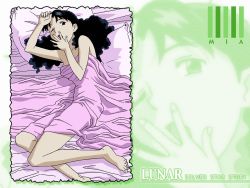 Rule 34 | 1990s (style), 1girl, bed, black hair, bromide, copyright name, curly hair, game arts, kubooka toshiyuki, long hair, lunar, lunar: the silver star, mia ausa, official art, official wallpaper, retro artstyle, solo, third-party edit, wallpaper, yawning