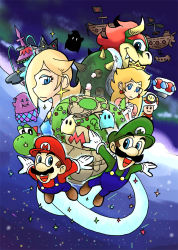 Rule 34 | 2girls, 5boys, bad id, bad pixiv id, blonde hair, blouse, blue eyes, blue overalls, bowser, brothers, brown hair, captain toad, crown, earrings, earth (planet), facial hair, flying, gloves, green hat, green shirt, hat, horns, jewelry, koopa, lubba, luigi, luma (mario), mario, mario (series), multiple boys, multiple girls, mustache, nintendo, open mouth, overalls, planet, polari (super mario galaxy), princess peach, red hair, rosalina, setz, ship, shirt, siblings, sky, smile, space, star (sky), starry sky, super mario galaxy, super mario galaxy 2, toad (mario), watercraft, white gloves, yoshi