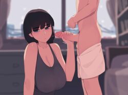 Rule 34 | 1boy, 1girl, :/, age difference, bare shoulders, black hair, black tank top, blue eyes, blurry, blurry background, blush, breasts, brother and sister, cleavage, clothed female nude male, collarbone, elder sister (pepper0), erection, facing viewer, freckles, from side, functionally nude, hair between eyes, handjob, hetero, incest, indoors, large breasts, large penis, legs, long hair, looking at viewer, looking to the side, male pubic hair, motion lines, neck, nipples visible through clothes, nude, older sister, penis, pepper0, precum, precum string, pubic hair, recording, see through shirt, shiny skin, siblings, sitting, solo focus, standing, tank top, testicles, uncensored
