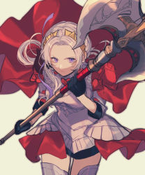 Rule 34 | 1girl, absurdres, armor, axe, battle axe, black gloves, bone suyasuya, boots, breastplate, cape, closed mouth, commentary request, cowboy shot, edelgard von hresvelg, fire emblem, fire emblem: three houses, gloves, green background, highres, holding, holding axe, holding weapon, long hair, looking at viewer, nintendo, purple eyes, red cape, red skirt, simple background, skirt, solo, thigh boots, thighhighs, weapon, white hair