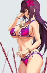 Rule 34 | 1girl, absurdres, bare shoulders, bikini, bracelet, breasts, bubble tea, bubble tea challenge, cleavage, collarbone, cup, disposable cup, drinking straw, fate/grand order, fate (series), flower, gae bolg (fate), hair between eyes, hair flower, hair ornament, hibiscus, highres, hotate-chan, jewelry, large breasts, long hair, navel, object on breast, polearm, purple bikini, purple hair, red eyes, scathach (fate), scathach (fate/grand order), scathach (swimsuit assassin) (fate), simple background, solo, spear, swimsuit, thighs, weapon