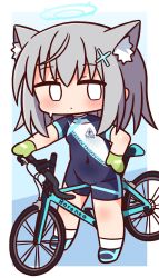 Rule 34 | 1girl, animal ear fluff, animal ears, bicycle, biker clothes, bikesuit, blank eyes, blue archive, blue background, blue footwear, blush, bodysuit, cat ears, chibi, closed mouth, clothes writing, covered navel, full body, gloves, green gloves, grey hair, groin, hair ornament, halo, hana kazari, hand on own hip, highres, long hair, looking at viewer, shiroko (blue archive), shiroko (cycling) (blue archive), shoes, short sleeves, socks, solo, standing, sweat, white socks