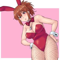 Rule 34 | 1girl, animal ears, bow, bowtie, breasts, brown hair, cleavage, commentary request, cowboy shot, detached collar, dog tags, fake animal ears, fishnet pantyhose, fishnets, hand on own hip, hands on own hips, hinemosu notari, large breasts, leaning forward, leotard, lips, original, pantyhose, pink background, playboy bunny, rabbit ears, red bow, red bowtie, red eyes, red leotard, short hair, solo, strapless, strapless leotard, two-tone background, wrist cuffs