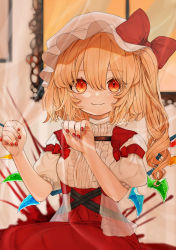 Rule 34 | 1girl, blonde hair, bow, center frills, commentary request, crystal, flandre scarlet, frills, gotou (nekocat), hair between eyes, hands up, hat, hat bow, high-waist skirt, highres, indoors, long hair, looking at viewer, mob cap, nail polish, one side up, puffy short sleeves, puffy sleeves, red bow, red eyes, red nails, red skirt, shirt, short sleeves, skirt, smile, solo, touhou, upper body, white hat, white shirt, wings