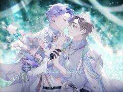 Rule 34 | 2boys, anniversary, bishounen, black gloves, blush, brown eyes, brown hair, earrings, eiden (nu carnival), flower, gem, gloves, highres, holding hands, jewelry, kuya (nu carnival), long sleeves, looking at another, male focus, multiple boys, nu carnival, nu xxxxx, official alternate costume, pink flower, purple eyes, purple flower, purple hair, short hair, white flower, yaoi