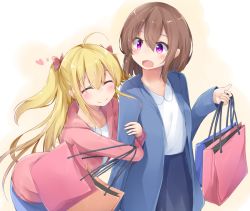 Rule 34 | 2girls, :d, ahoge, arm hug, bad id, bad pixiv id, bag, blonde hair, blue jacket, blue skirt, blush, bow, brown hair, closed eyes, closed mouth, collarbone, collared shirt, commentary request, dating, hair between eyes, hair bow, heart, holding, holding bag, jacket, kyuukon (qkonsan), long sleeves, looking at another, multiple girls, open mouth, original, pink bow, pink jacket, purple eyes, shirt, shopping bag, skirt, smile, two side up, white shirt, yuri