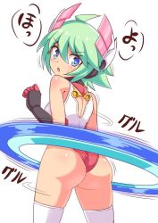 Rule 34 | 1girl, ahoge, ass, azure striker gunvolt, bare shoulders, blue eyes, blush, breasts, cougar (cougar1404), elbow gloves, from behind, gloves, green hair, headgear, leotard, looking back, open mouth, roro (gunvolt), shiny clothes, shiny skin, short hair, sideboob, simple background, solo, sweatdrop, thighhighs, wedgie, white background