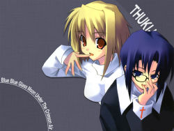 Rule 34 | 00s, 2girls, :d, adjusting eyewear, arcueid brunestud, blonde hair, ciel (tsukihime), cross print, eyebrows, finger to mouth, glasses, grey background, long hair, looking at viewer, multiple girls, open mouth, red eyes, simple background, smile, sweater, text focus, tsukihime, upper body