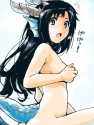 Rule 34 | 1girl, ass, black hair, blue eyes, blush, covering privates, covering breasts, dragon girl, dragon horns, dragon tail, fins, head fins, horns, ishiyumi, karin (p&amp;d), long hair, nude, open mouth, puzzle &amp; dragons, scales, solo, sweatdrop, tail