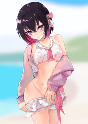 Rule 34 | 1girl, absurdres, azki (hololive), beach, bikini, black hair, blurry, blurry background, blush, body markings, colored inner hair, depth of field, hair ribbon, highres, hololive, jacket, jacket partially removed, looking at viewer, multicolored hair, off shoulder, pink hair, purple eyes, ribbon, rifufu, short hair, skirt, solo, star tattoo, swimsuit, tattoo, virtual youtuber