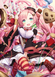 Rule 34 | 1girl, :d, akkijin, aqua eyes, black dress, breasts, brown hat, cake, candy, chocolate, cookie, doughnut, dress, food, hat, heart, large breasts, long hair, looking at viewer, official art, open mouth, pink hair, polearm, red ribbon, ribbon, shinkai no valkyrie, smile, striped ribbon, thighhighs, trident, twintails, weapon