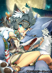 Rule 34 | 1girl, ahoge, animal ears, blue eyes, blurry, blush, cliff, closed mouth, company name, copyright name, depth of field, facial mark, full moon, grey hair, hands on another&#039;s head, head tilt, headband, heart, howling, jewelry, moon, open mouth, outdoors, ring, shinkai no valkyrie, silhouette, sitting, smile, star (sky), tongue, tongue out, tree, uro (oolong), watermark, wolf