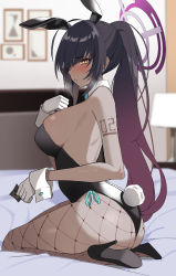 Rule 34 | ahoge, animal ears, arm tattoo, ass, bare shoulders, bed, bed sheet, bedroom, black footwear, black hair, black leotard, blue archive, blush, breasts, condom, condom wrapper, curvy, dark-skinned female, dark skin, detached collar, earrings, fake animal ears, fake tail, fishnet pantyhose, fishnets, gloves, gradient hair, halo, high heels, highleg, highleg leotard, highres, holding, holding condom, indoors, jewelry, karin (blue archive), karin (bunny) (blue archive), lamp, large breasts, leotard, long hair, multicolored hair, number tattoo, official alternate costume, on bed, pantyhose, playboy bunny, ponytail, purple hair, rabbit ears, rabbit girl, shiny clothes, shiny skin, sideboob, solo, strapless, strapless leotard, stud earrings, tail, tattoo, very long hair, white gloves, white wrist cuffs, wide hips, wrist cuffs, yellow eyes, za yu a