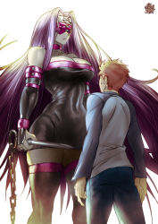 Rule 34 | 1boy, 1girl, abs, alternate height, black dress, black footwear, black sleeves, blindfold, boots, breasts, collar, curvy, detached sleeves, dress, emiya shirou, expressionless, facial mark, fate/grand order, fate/stay night, fate (series), forehead mark, hair intakes, height difference, highres, holding, holding weapon, large breasts, long hair, long sleeves, medusa (fate), medusa (rider) (fate), muscular, muscular female, nameless dagger (fate), purple collar, purple hair, short dress, simple background, standing, strapless, strapless dress, tall female, the golden smurf, thigh boots, thighhighs, thighs, very long hair, weapon