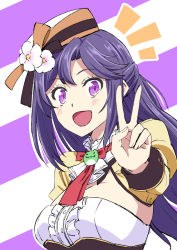 Rule 34 | 1girl, :d, blush, breasts, copyright request, flower, hand up, hat, hat flower, ishii hisao, juliet sleeves, large breasts, long sleeves, looking at viewer, neckerchief, notice lines, open mouth, puffy sleeves, purple background, purple eyes, purple hair, red neckerchief, smile, solo, striped, striped background, upper body, v, virtual youtuber, white flower