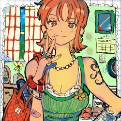 Rule 34 | 1girl, arm tattoo, bag, bandaid, blush, bra, bracelet, breasts, calendar (object), camisole, cleavage, collar, dress, earrings, flower, frilled bra, frills, green dress, handbag, highres, jewelry, makenevemoiine, nail art, nail polish, nami (one piece), necklace, one piece, orange eyes, orange hair, outside border, plant, potted plant, red earrings, ring, short hair, shoulder tattoo, smile, solo, tangerines, tattoo, tsurime, underwear, upper body, white camisole, yellow nails